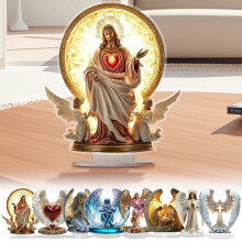 Figurine acrylique croix ange bohème – 21 x 19 cm, décoration spirituelle avec socle et emballage KT, accessoire pour étagère ou bureau