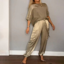 Women's Suiting Womens 2 Piece Outfits Dressy Pant Suits for a Wedding Casual Irregular Satin Wide Leg Pant Sets(Beige,S)