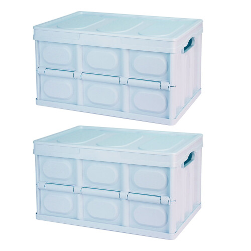 2Pcs 56L Teqhome Foldable Storage Bins Collapsible Storage Box Stackable Utility Storage Bin with PP Lid Waterproof Interior Bag Handle Light Blue