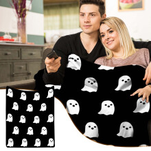 Cozy Ghost Flannel Double Sided Blanket for Halloween Fleece Throw Blanket with Velvet Texture Warm Soft Blanket for Couch Bed Gift 39.4x59in Black