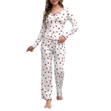 Women's floral print pajama set red long sleeve long pants