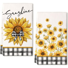 Küchenhandtücher-Set „Sonnenblumen-Sommer“, 2er-Set, schwarz-weiß karierte Geschirrtücher, 45,7 x 66 cm, sommerliche Landhausdeko AD296