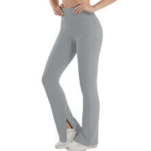 Damen-Leggings mit hohem Bund, ausgestelltem Bein und Taschen, Grau, Größe 2XL