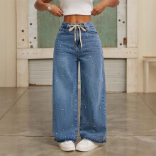 Damejeans med høj talje og lige ben – Vintage casual denimbukser med lommer, 100% forkrympet bomuld, elastisk talje, til yoga og hverdagsbrug