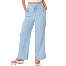 Light Blue Wide Leg Pants for Women Linen Blend Elastic