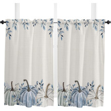 Thanksgiving Kitchen Curtains Blue White Pumpkin Eucalyptus