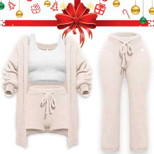 Stickad pyjamasset för kvinnor, kofta, loungewear, 4 delar