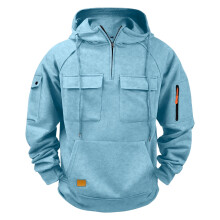 Herren-Sweatshirt mit Kapuze, langen Ärmeln und Viertelreißverschluss, einfarbig, mit mehreren Taschen, lässiges Streetwear-Design, schlicht und