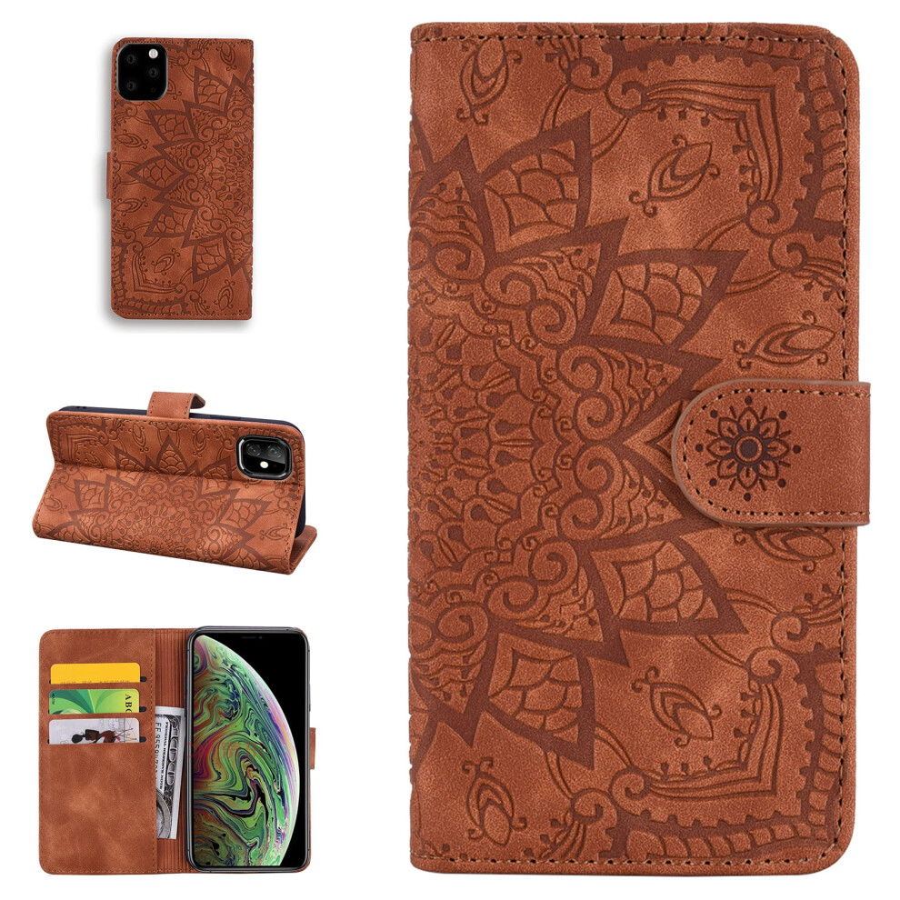 Magnetic Wallet Case For Iphone 12 & Iphone 12 Pro Â Pu Leather Folio With Mandala Emboss, Kickstand, Strap Brown 9482726296065