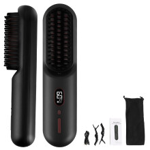 Teqhome Cordless Hair Straightener Brush, 20M Negative Ions, 12 Heat Levels, 30s Preheat, Auto Sleep, LCD Display – Compatible with All Hair Types