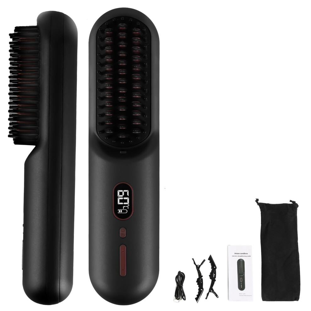 Teqhome Cordless Hair Straightener Brush, 20M Negative Ions, 12 Heat Levels, 30s Preheat, Auto Sleep, LCD Display â Compatible with All Hair Types