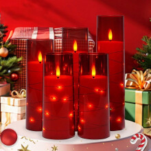 Red Battery Operated Pillar Candles with Remote Set of 9