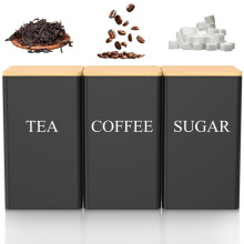 Metal Canister Set of 3 for Tea, Coffee & Sugar with Bamboo Lids - Kitchen Storage