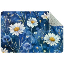 Washable Kitchen Rug with White Daisies on Blue – Non-Slip Indoor Door Mat for Entryway, Bathroom & Bedroom
