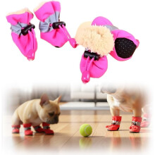Set di 4 scarpe invernali per cani: foderate in pile, riflettenti, regolabili e antiscivolo, per cani di piccola/media taglia (rosa, 4,5 x 3,5 cm).