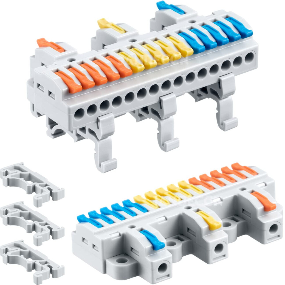 4Pcs Din Rail Terminal Blocks, Diy Splicing Wire Connectors For Circuit Inline 28-12Awg (3 In 15 Out) 9464372696178