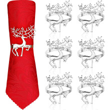 6-Pc Deer Napkin Rings, Stag/Reindeer Metal Serviette Buckles for Christmas & Home Dining (Silver)