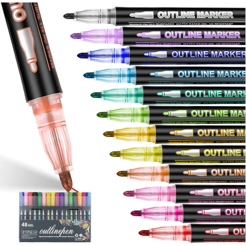 Στυλό Dreamy Sparkle Dual-Line Contour – 48 Χρώματα, Γρήγορα Στυλό Glitter Αυτο-Περιγράμμισης για