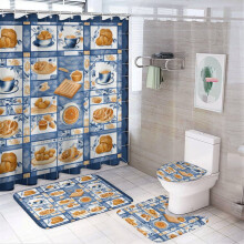 4-Pc Bathroom Rug Set w/ Shower Curtain, Toilet Lid Cover & Bath Mat – Cartoon Food Design, 12 Hooks, 72"x72"