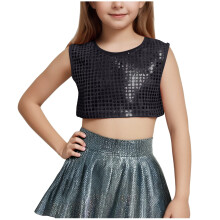 Kids Sequin Crop Tops Sleeveless Sparkly Shirts Round Neck Fashion Clothes for Dancewear Party
