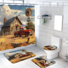 Vintage Truck Shower Curtain Set with Non-Slip Rug, Toilet Lid Cover & 12 Hooks – 72x72 Inch, Rustic Farmhouse Style