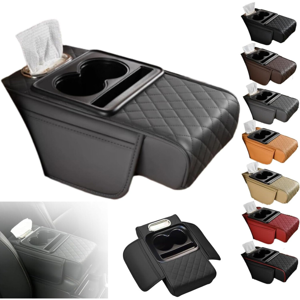 Pu Leather Car Armrest Box Mat With Storage Bags, Cup Holder & Tissue Slot Â Compatible With Universal Cars Black/Gray/Beige 9009879220800
