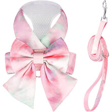 Cute Bow Tie Dog Harness and Leash Set Elegant Rainbow Gradient Puppy Harness No Pull Soft Mesh Pet Cat Dog Vest Harnesses for Small Dogs Cats, Pink
