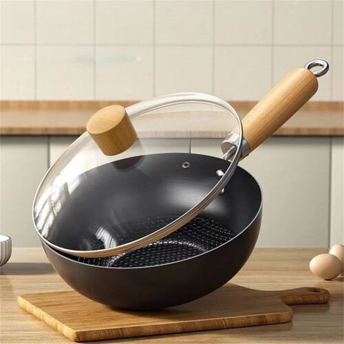 Αντικολλητικό τηγάνι Wok συμβατό με όλες τις εστίες με γυάλινο καπάκι και υλικό 2