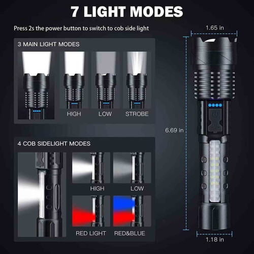 Επαναφορτιζόμενος φακός LED, 2 τεμάχια, 7 λειτουργίες, υψηλή φωτεινότητα, φόρτιση 1