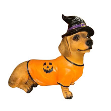 Halloween Dachshund Statue with Witch Hat & Pumpkin Sweater – Resin Sitting Dog Decoration for Garden/Indoor Party