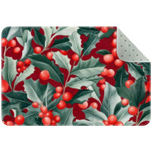 Washable Kitchen Rug – Red Berries & Green Leaves, Non-Slip Indoor Door Mat for Entryway, Bathroom, Bedroom – Compatible with All Floors