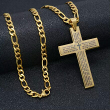 Men Cross Necklace Stainless Steel Lord's Prayer Bible Pendant Chain 30in-Gold-16 in