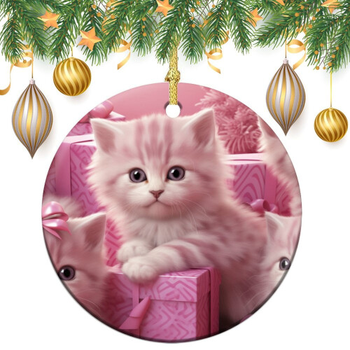 Pink Kitten Christmas Ornament Ceramic 1pc 1