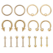 16 Pcs/lot Stainless Steel Nose Rings 14/16G Ear Labret Tongue Eyebrow Piercings-Gold-10mm