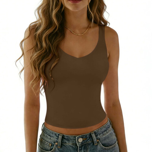 Γυναικείο Crop Top χωρίς ραφές με V λαιμόκοψη, στενή γραμμή, καφέ L 1