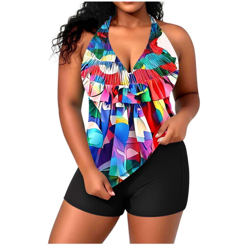 Women's plus size halter neck two-piece swimsuit set with 1