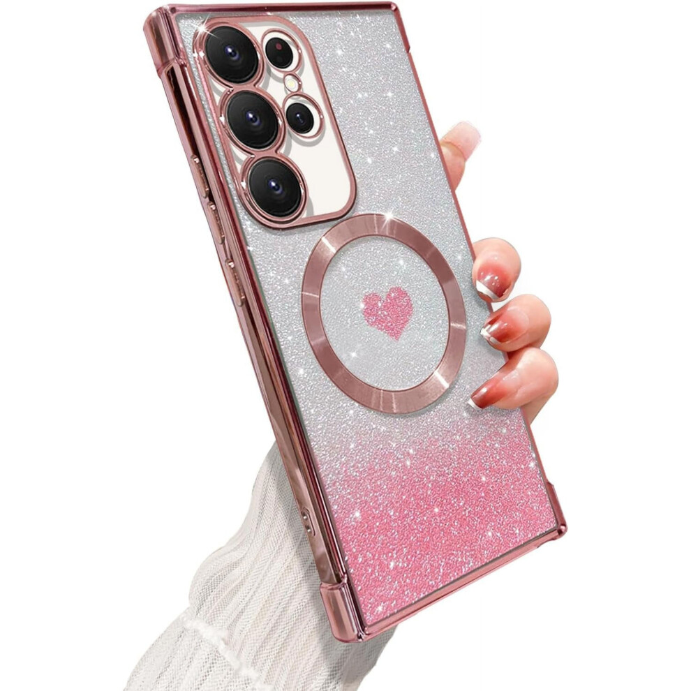 Magnetic Galaxy S22 Ultra Case For Women Â Soft Luxury Bling Gradient Glitter Heart Cover, Magsafe-Compatible, Clear Shockproof, 6.8", Pink 9327961829022