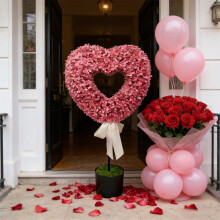 Topiaire en buis rose en forme de cœur de 81 cm avec nœud – Décoration de Saint-Valentin, pot de fleurs artificiel en forme de cœur,