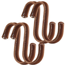 Under Shelf Hooks Set of 4, S-Shaped Leather Hooks (91 mm), Hand-Stitched, Vintage Brown – Compatible with Standard Shelves