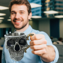 Skull Coffee Mug with Saucer, Gothic Porcelain Cup, Gold Trim, Funny Halloween Gift for Coffee Lovers & Collectors, Stainless Steel Liner, Compatible