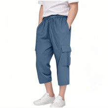 Girls Capri Pants Elastic Waist Straight Leg Drawstring for Kids Summer Pants with Pockets Blue 13-14 Years