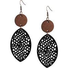 Bohemian Hollow Cut-Out Wood Leather Dangle Drop Earrings, Boho Chic Hippie Statement Jewelry Gift for Women
