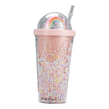 Gobelet isotherme double couche en plastique à motif arc-en-ciel avec paille, étanche, grande capacité, joli gobelet pour boissons glacées,