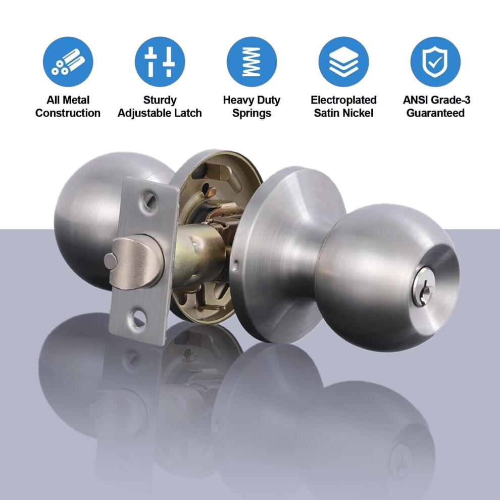 Keyed Entry Door Knob With Lock, Interior And Exterior Door Lock, Standard Ball, Satin Nickel 9193271182658