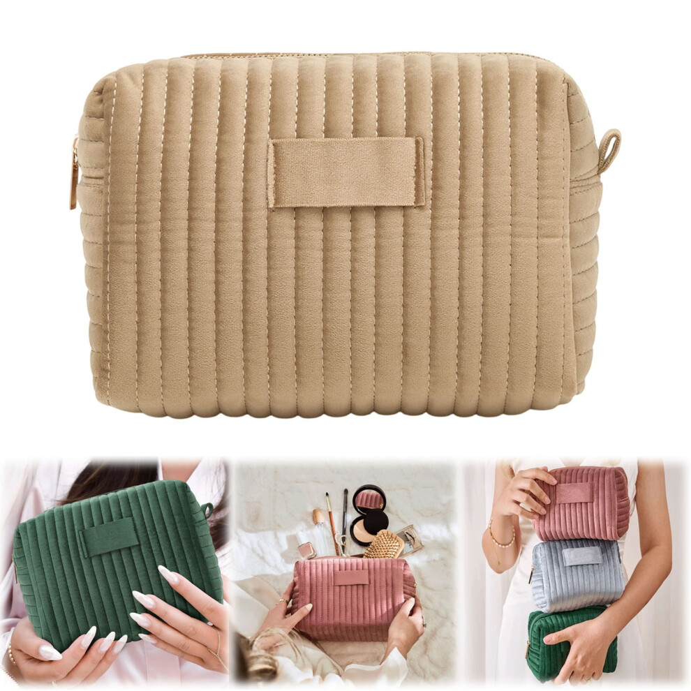 Plush Velvet Makeup Bag â Quilted Travel Toiletry Organizer, Zippered Cosmetic Pouch for Women (Champagne)