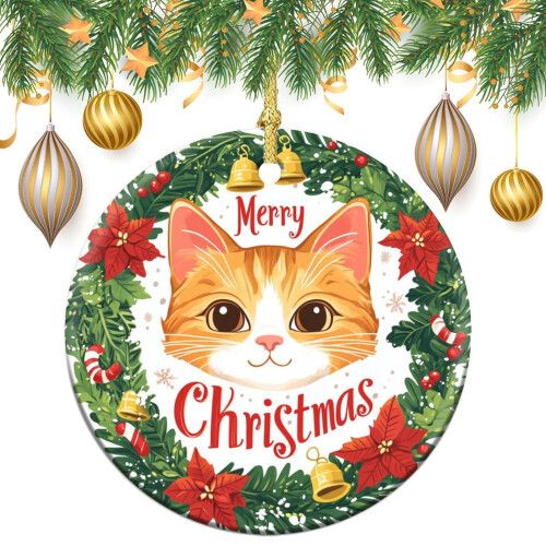 Orange Cat Christmas Ceramic Ornament 3 inch
