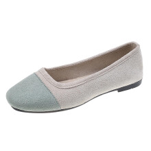 Gray Shoes Women Casual Fashion Spring Fall Flat Round Toe Color Block Shallow Mouth Soft Slip On 1Pc Pair Leisure Outdoor Indoor Flock Fabric