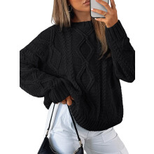 Suéter feminino oversized de tricô trançado em tecido poliéster, com design elegante de gola redonda, quente e confortável.