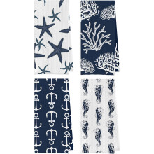Ocean Themed Dish Towels Set (1624", 4 pcs) – Navy Coastal Nautical Waffle Weave Kitchen & Tea Towels, Coastal Bathroom Decor