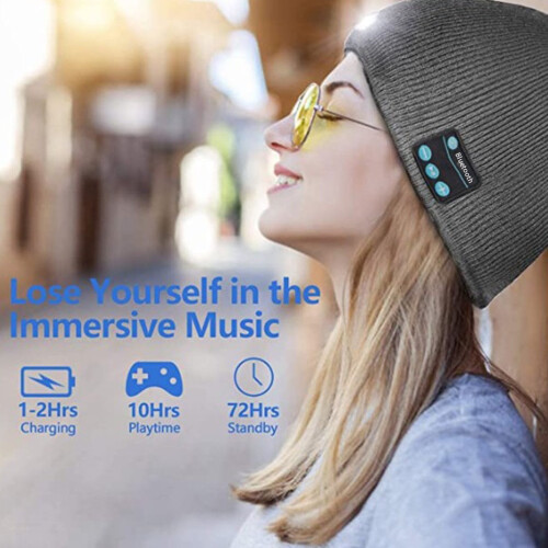 Bonnet Bluetooth Morttic avec lampe frontale LED, rechargeable et mains libres, compatible Bluetooth – Gris 1